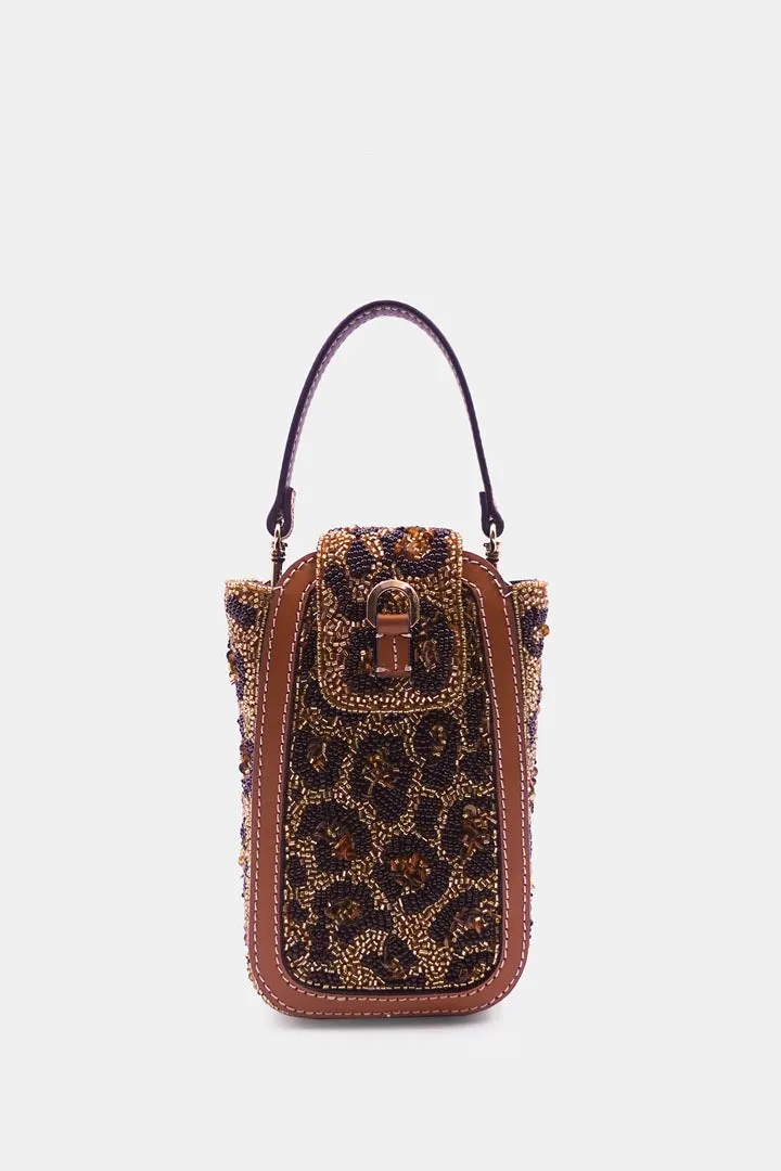 Leopard Print Hand-Embellished Beaded Clutch Bag with Crossbody Sling