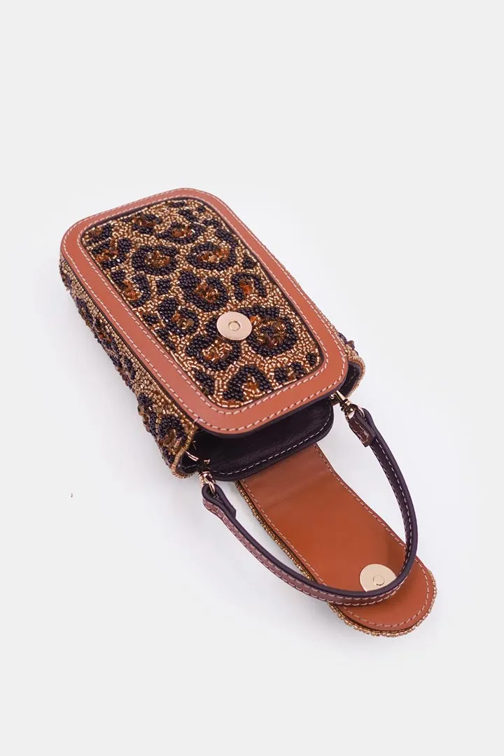 Leopard Print Hand-Embellished Beaded Clutch Bag with Crossbody Sling