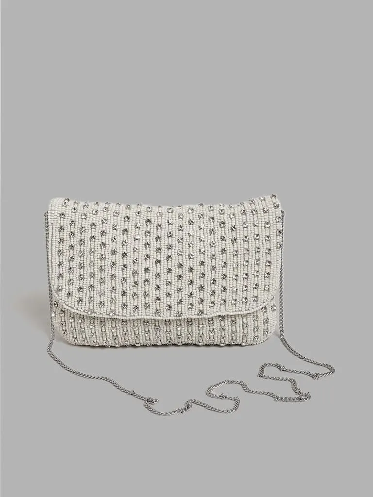 LOV Beaded Silver Embellished Clutch