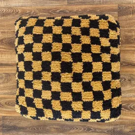 Moroccan Berber Square Gold & Black Checkered Pouf Ottoman