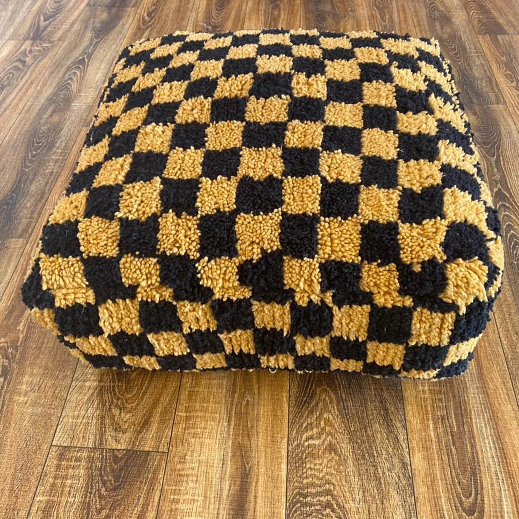 Moroccan Berber Square Gold & Black Checkered Pouf Ottoman