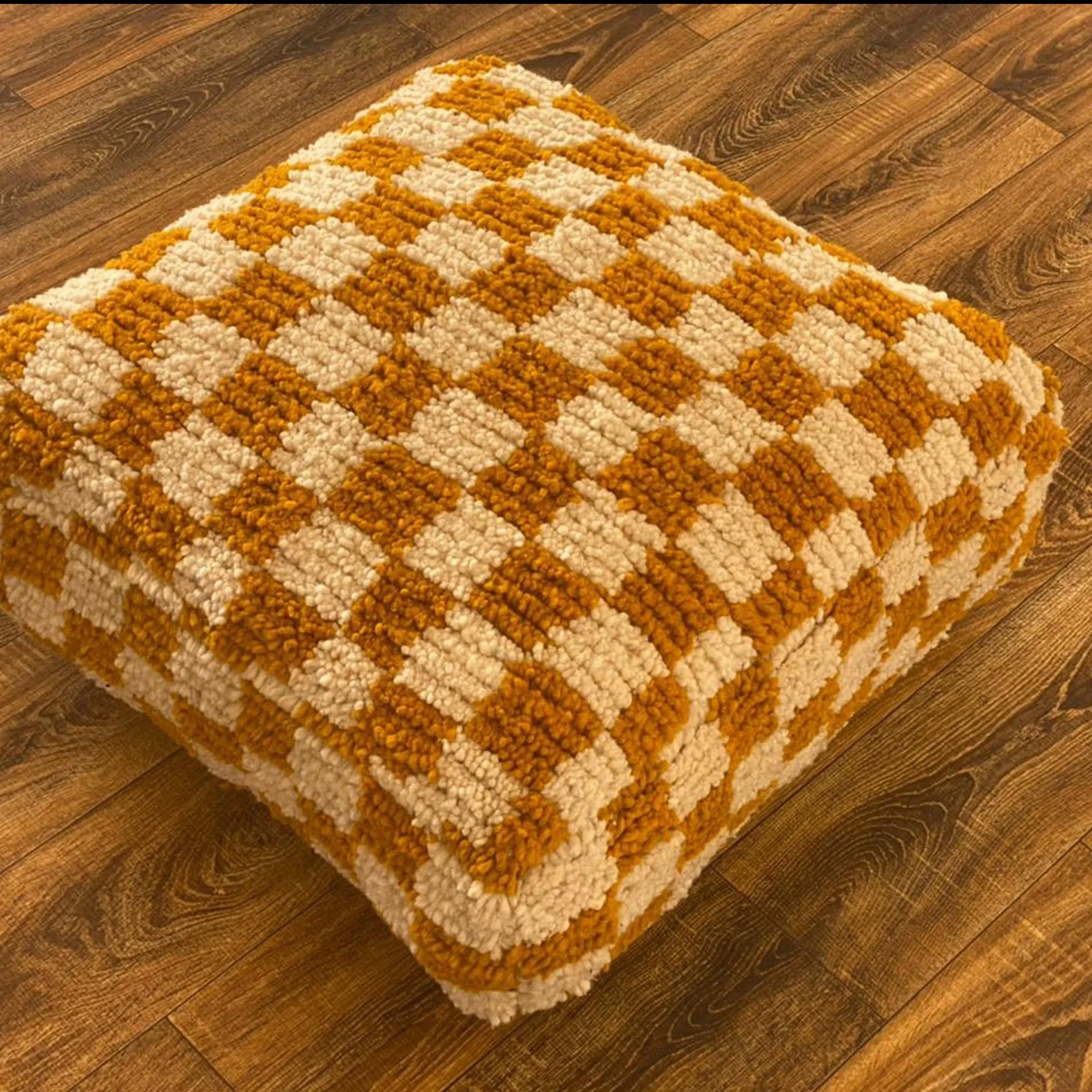 Moroccan Berber Square White & Creamy Brown Checkered Pouf Ottoman