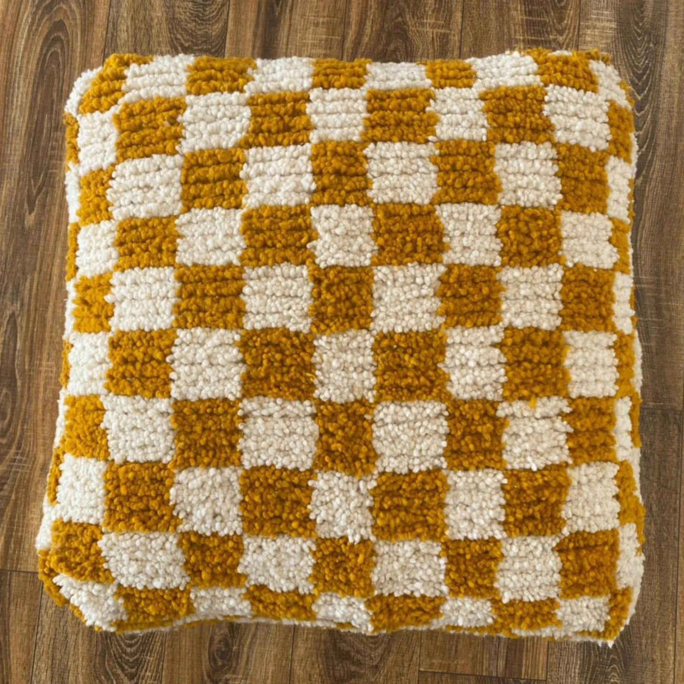 Moroccan Berber Square White & Creamy Brown Checkered Pouf Ottoman