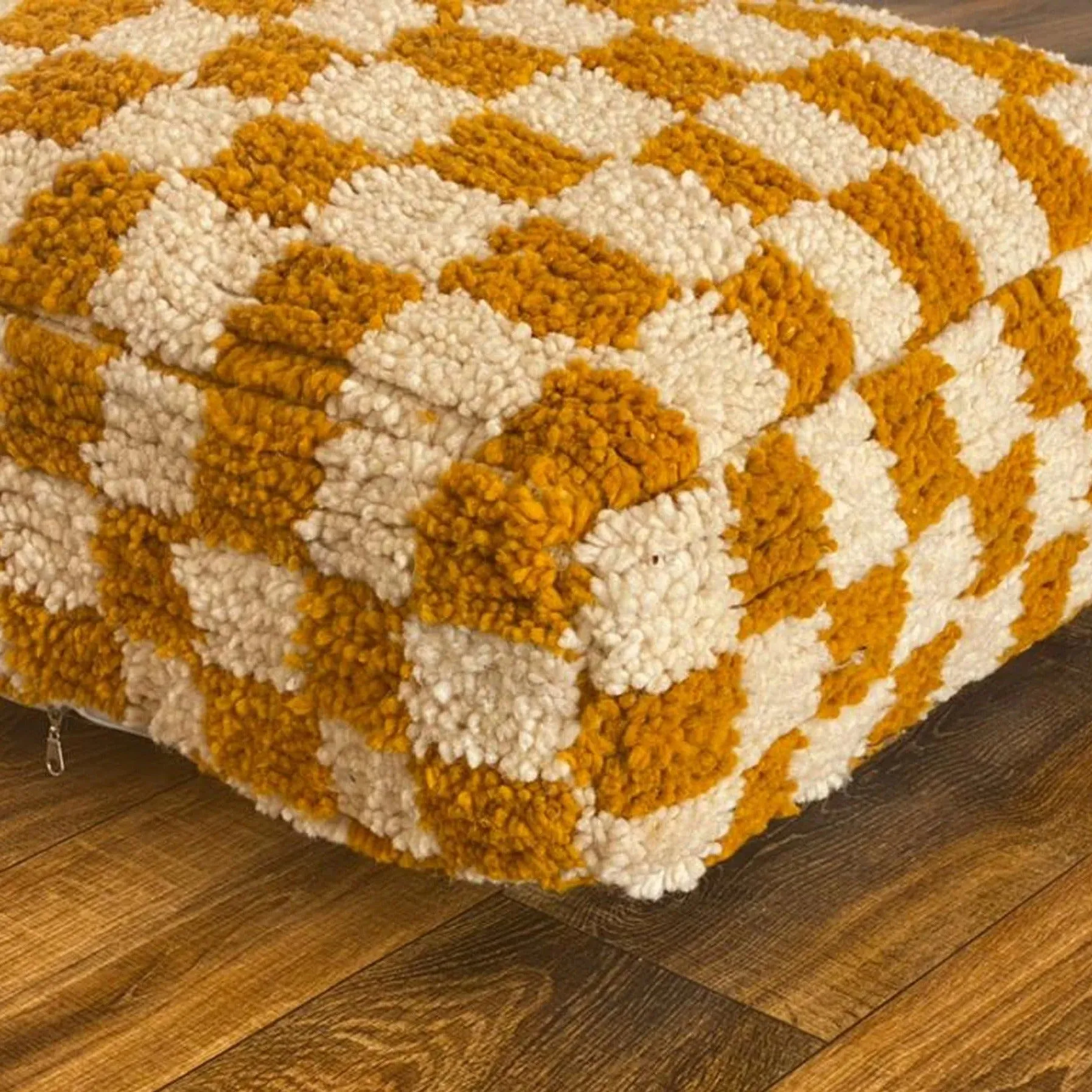 Moroccan Berber Square White & Creamy Brown Checkered Pouf Ottoman