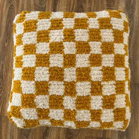 Moroccan Berber Square White & Creamy Brown Checkered Pouf Ottoman