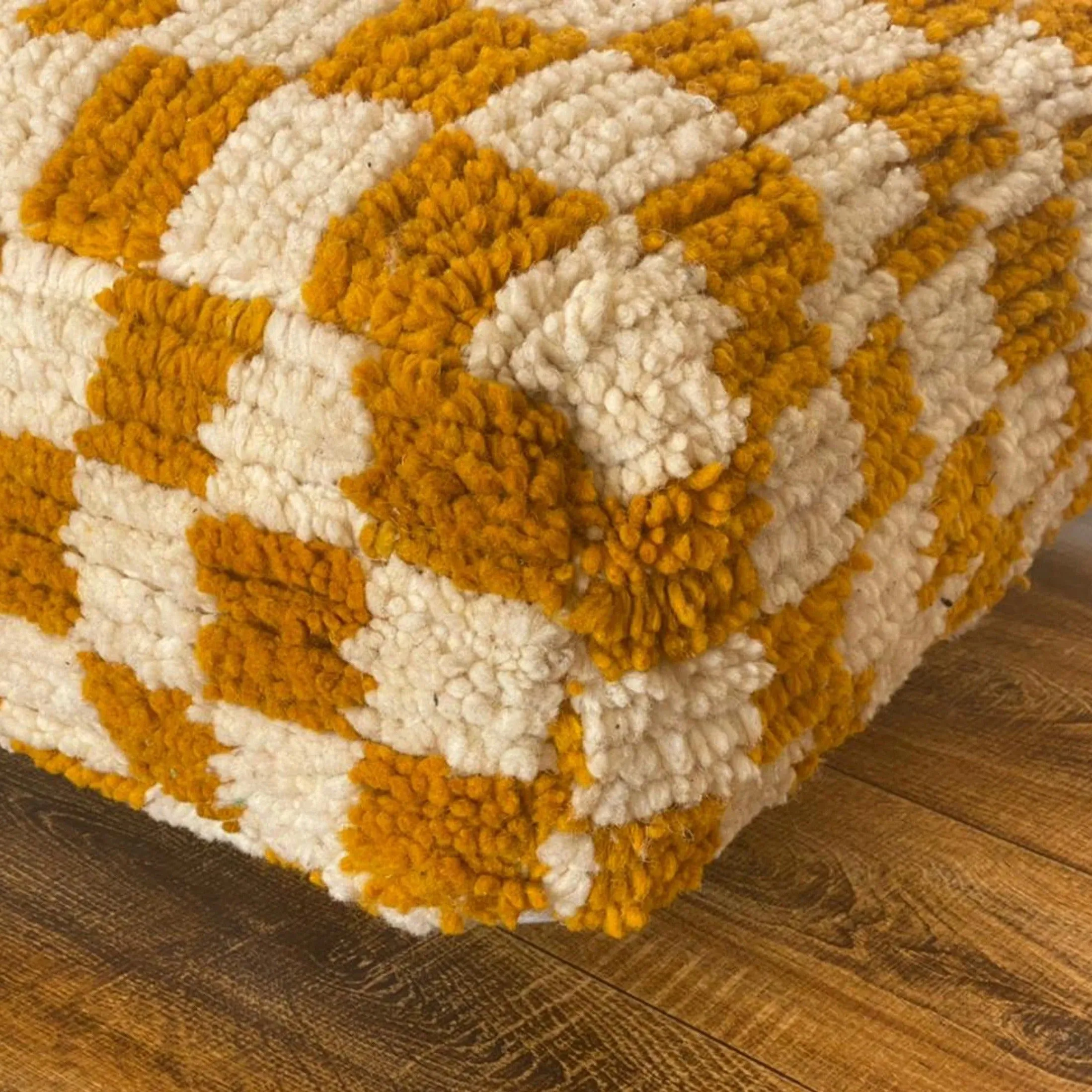 Moroccan Berber Square White & Creamy Brown Checkered Pouf Ottoman