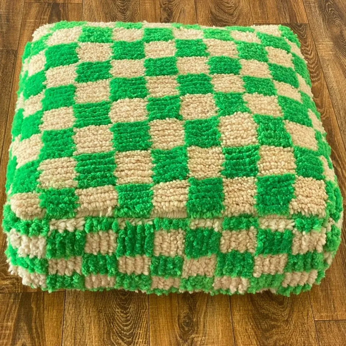 Moroccan Berber Square White & Green Checkered Pouf Ottoman