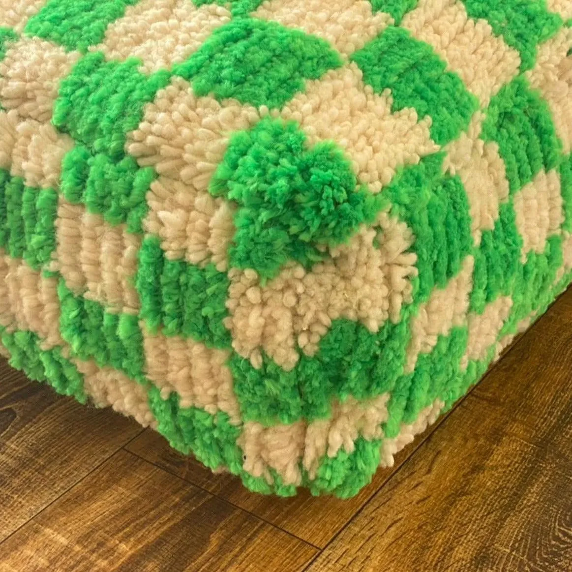 Moroccan Berber Square White & Green Checkered Pouf Ottoman