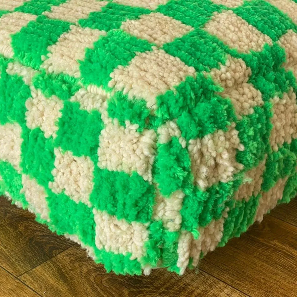 Moroccan Berber Square White & Green Checkered Pouf Ottoman