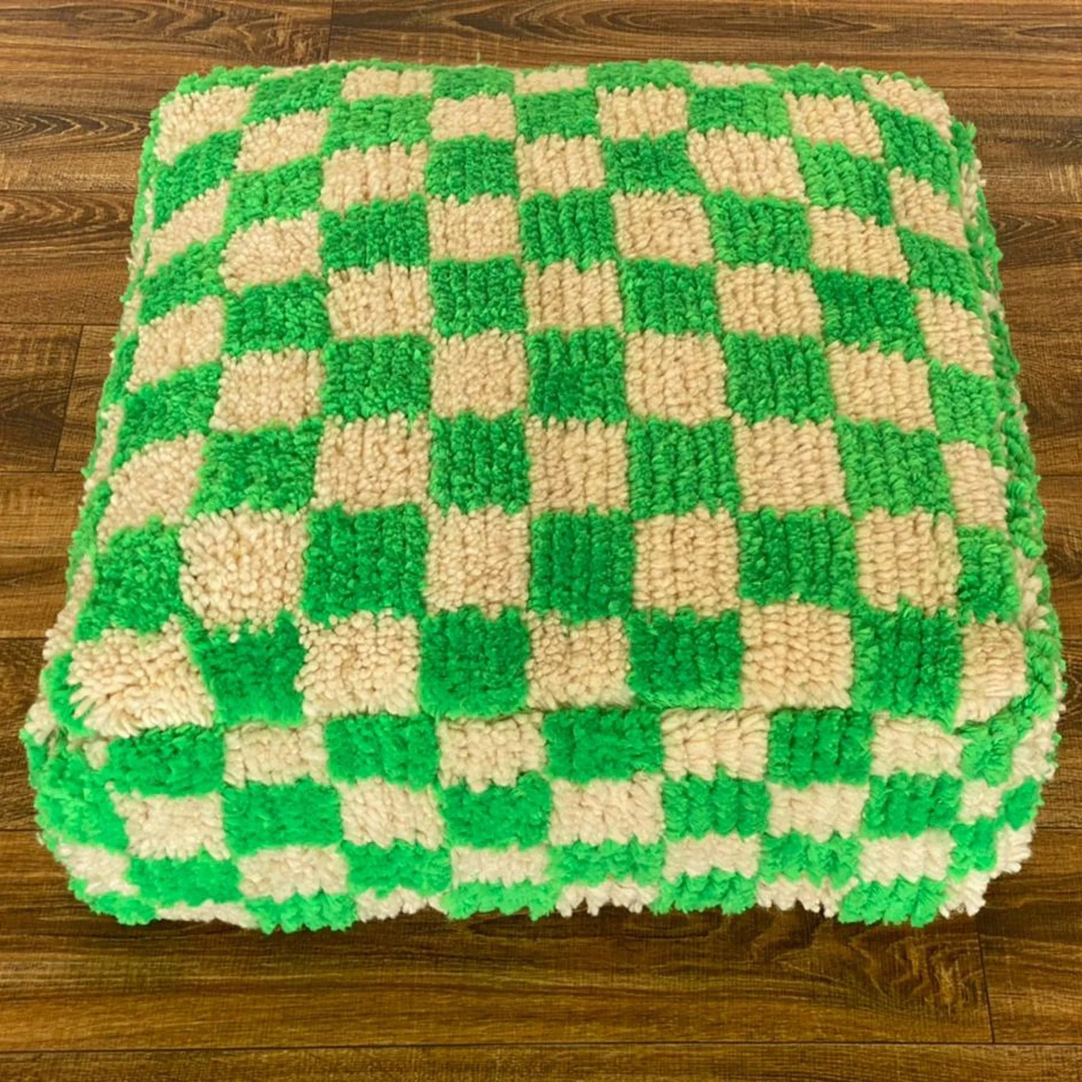 Moroccan Berber Square White & Green Checkered Pouf Ottoman