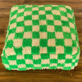 Moroccan Berber Square White & Green Checkered Pouf Ottoman