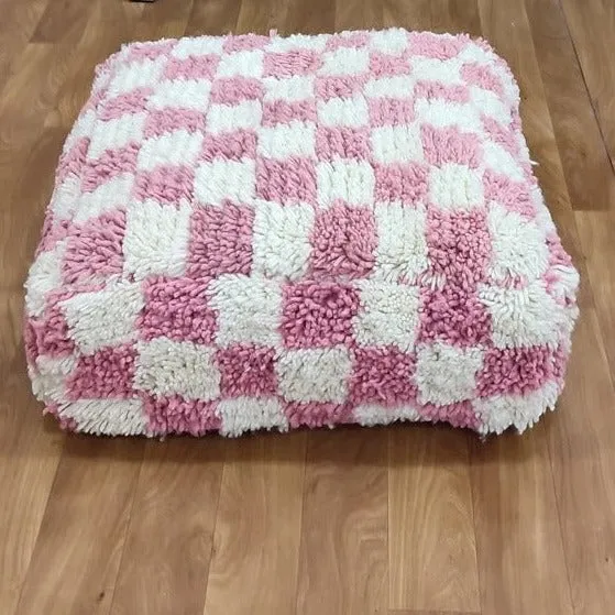 Moroccan Berber Square White & Pink Checkered Pouf Ottoman