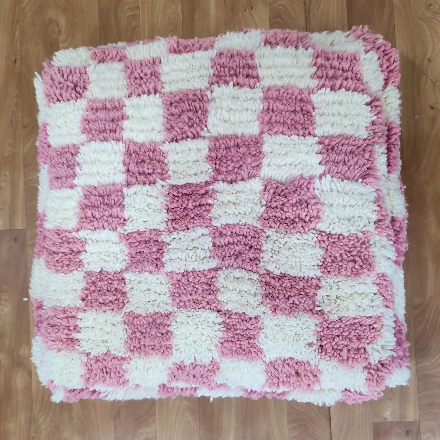 Moroccan Berber Square White & Pink Checkered Pouf Ottoman