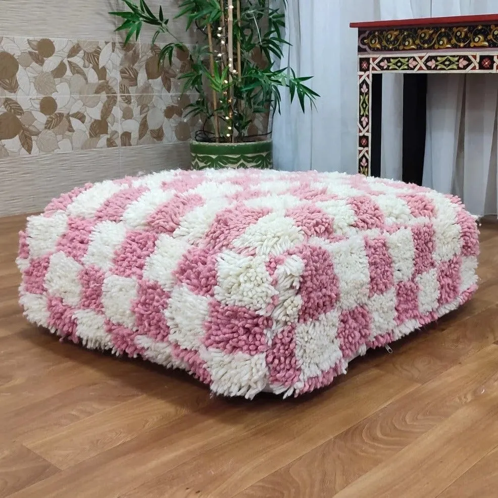 Moroccan Berber Square White & Pink Checkered Pouf Ottoman