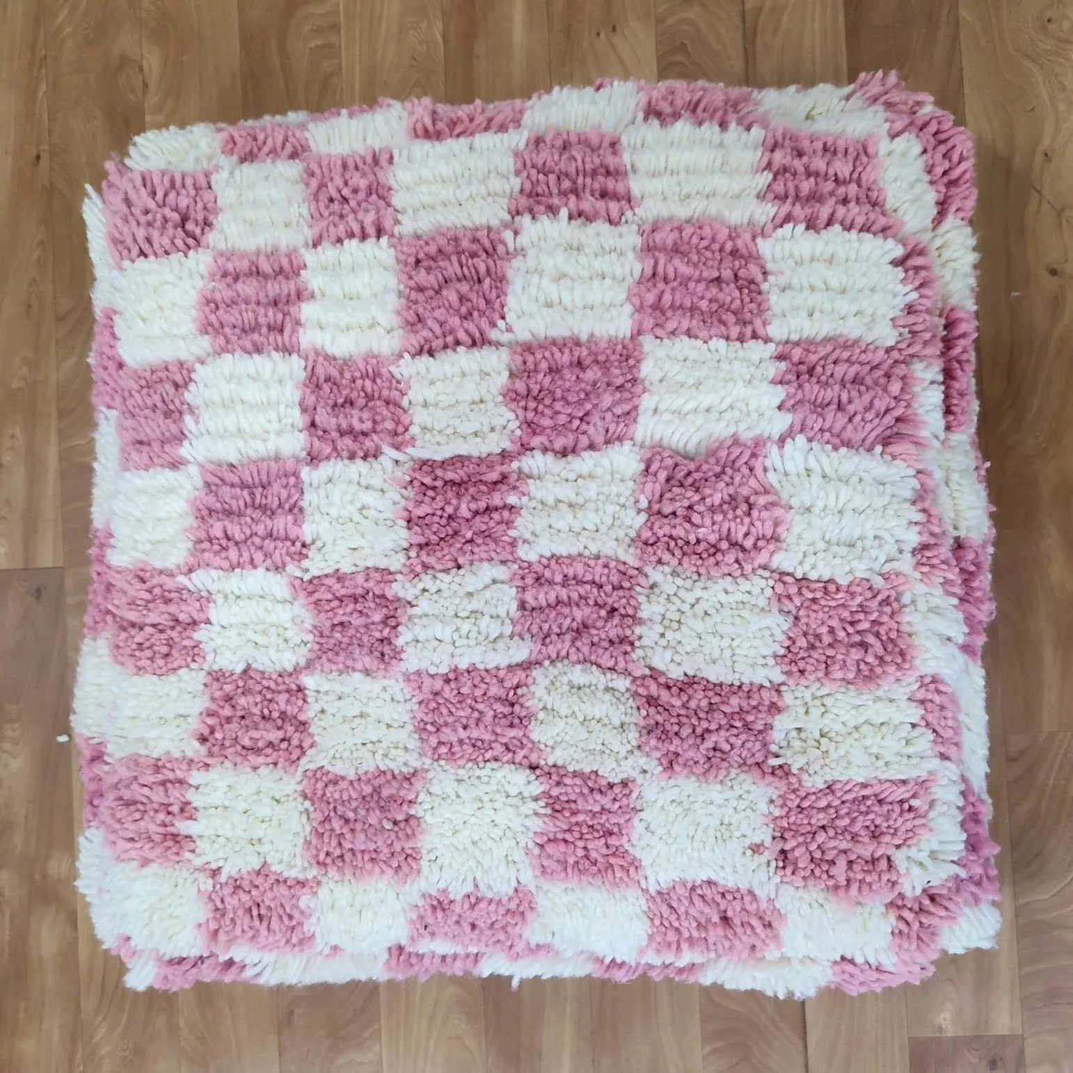 Moroccan Berber Square White & Pink Checkered Pouf Ottoman