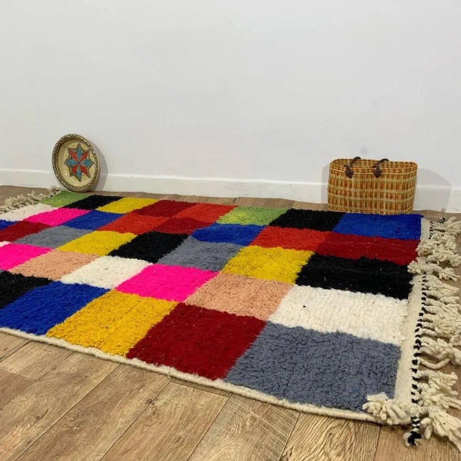 Multicolored Handmade Rug, Multicolor Checkered Rug - Berber style wool rug from Morocco - Modern rug