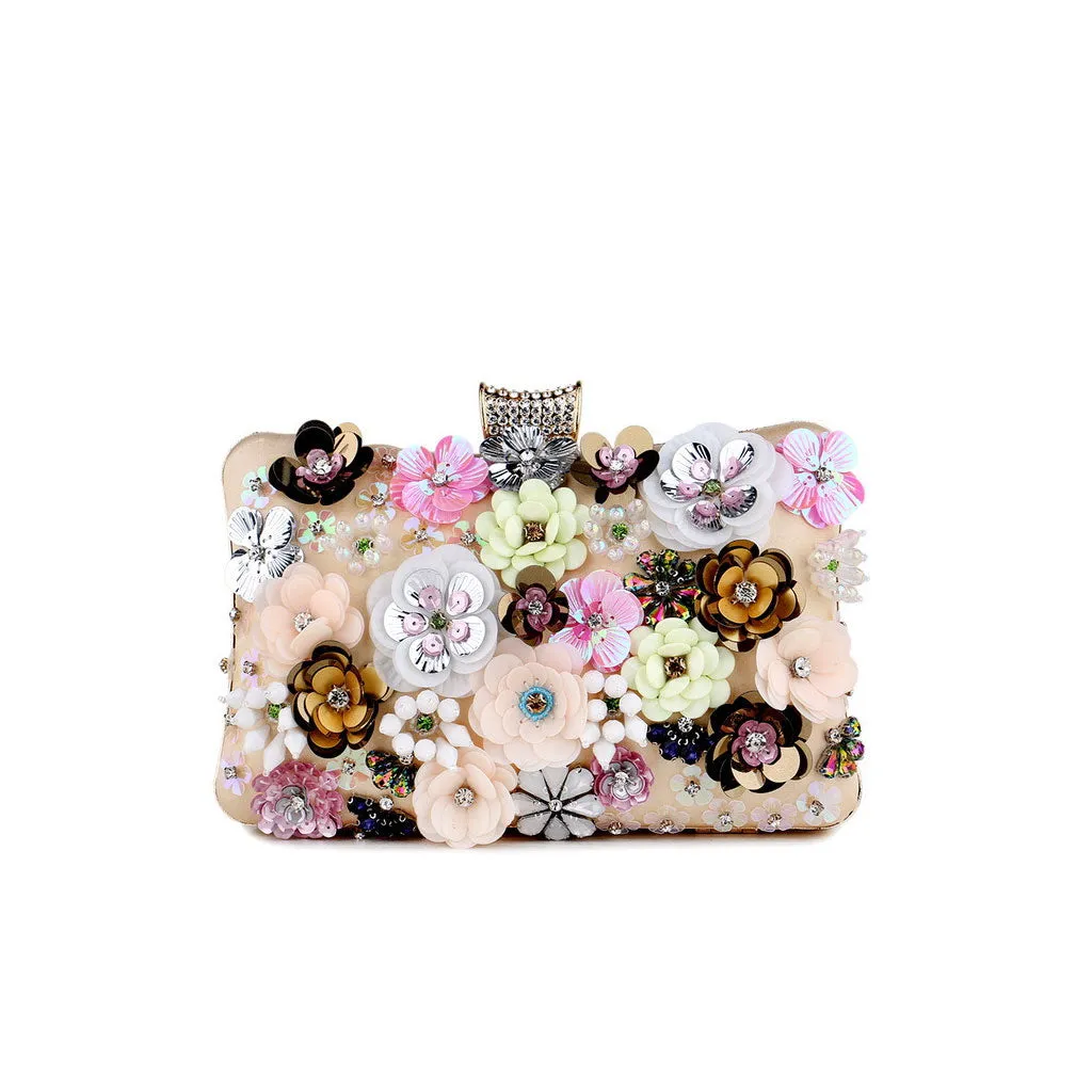 Opulent Sequined Rhinestone Rosette Metallic Chain Rectangle Satin Party Clutch