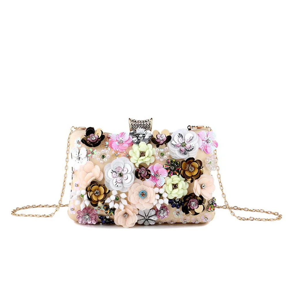 Opulent Sequined Rhinestone Rosette Metallic Chain Rectangle Satin Party Clutch