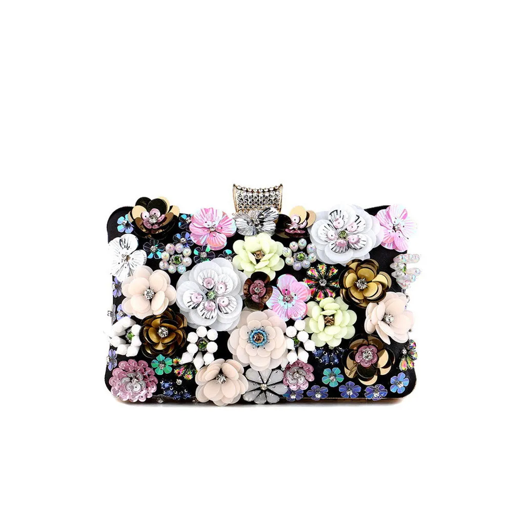 Opulent Sequined Rhinestone Rosette Metallic Chain Rectangle Satin Party Clutch