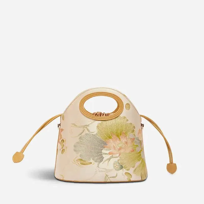 Printed Jacquard Lotus Green Drawstring Bucket Bag