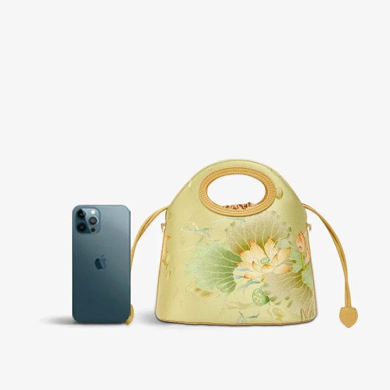 Printed Jacquard Lotus Green Drawstring Bucket Bag