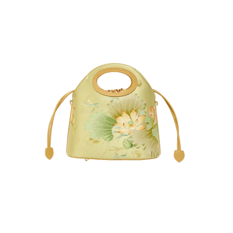 Printed Jacquard Lotus Green Drawstring Bucket Bag