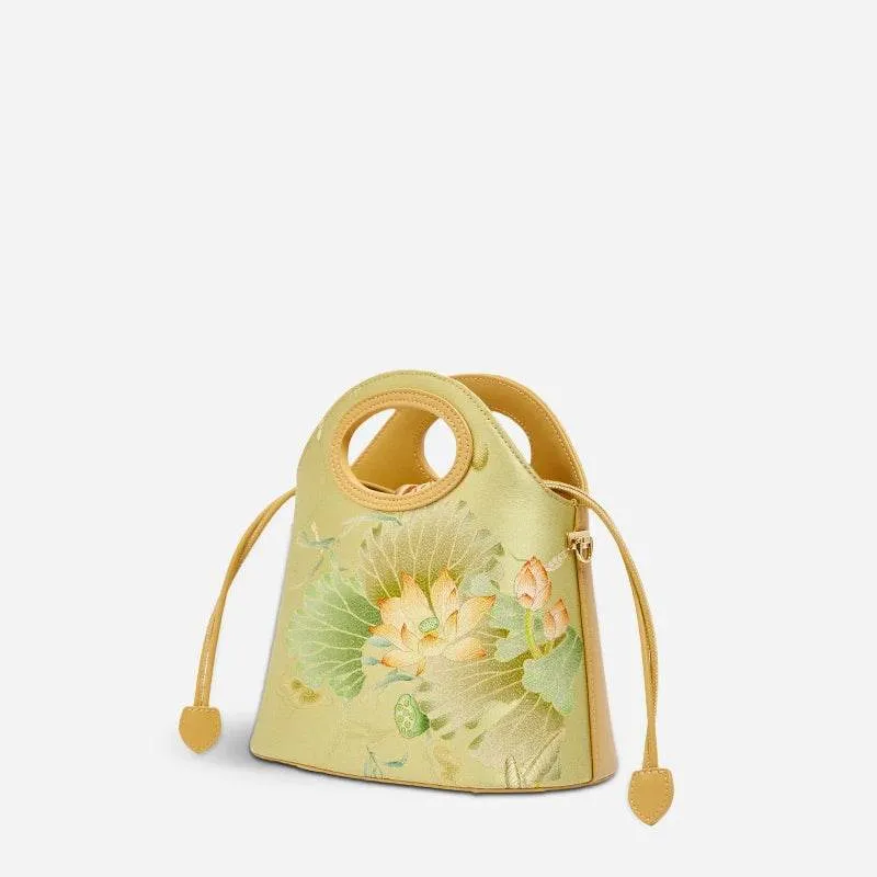 Printed Jacquard Lotus Green Drawstring Bucket Bag