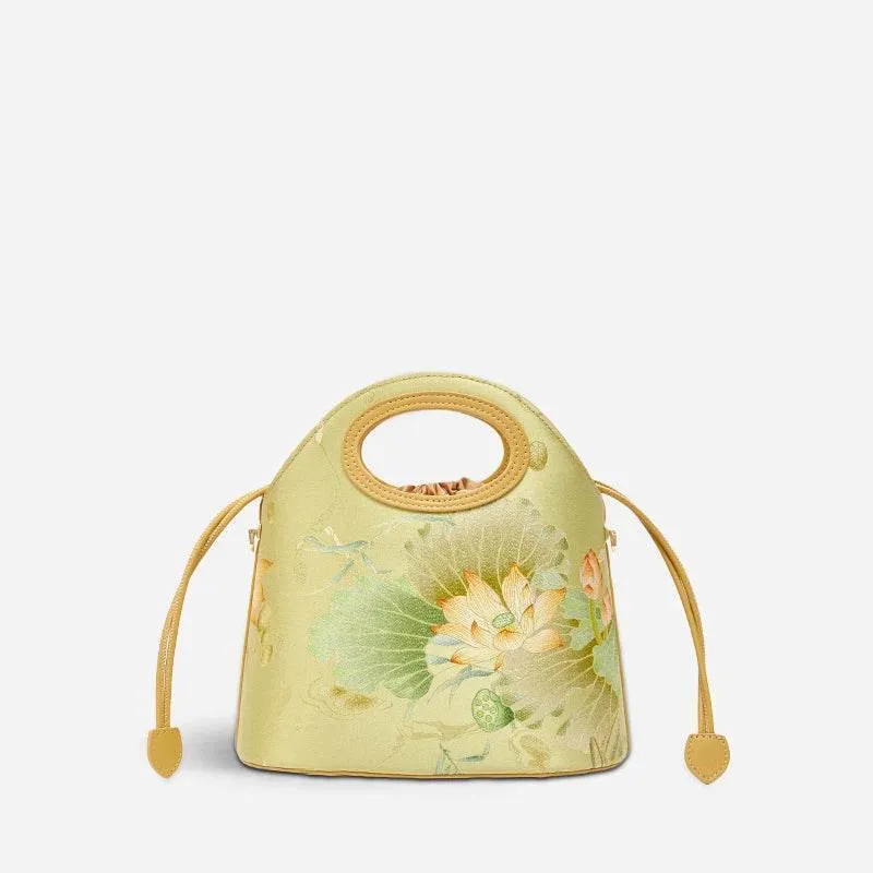 Printed Jacquard Lotus Green Drawstring Bucket Bag