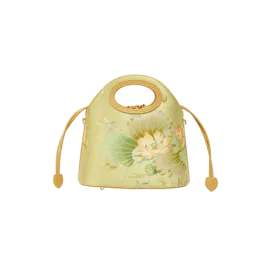 Printed Jacquard Lotus Green Drawstring Bucket Bag