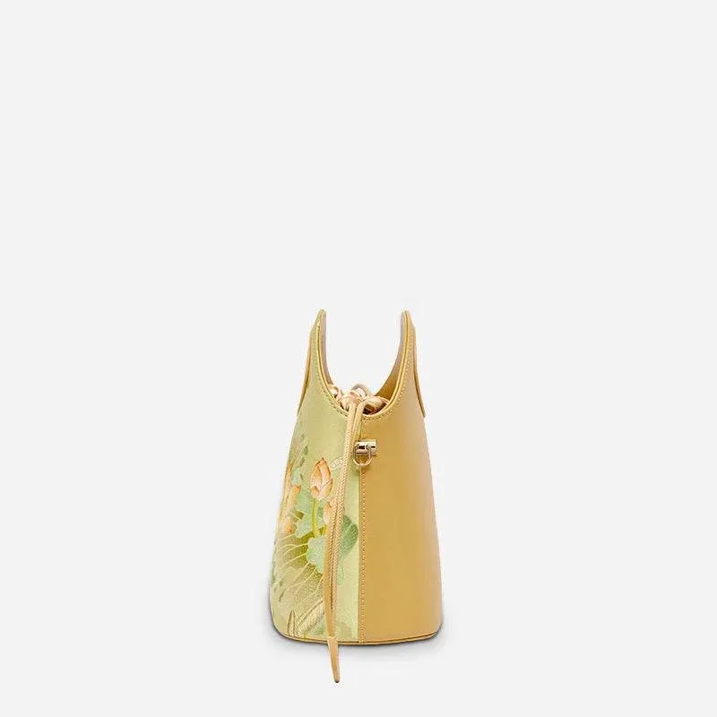 Printed Jacquard Lotus Green Drawstring Bucket Bag