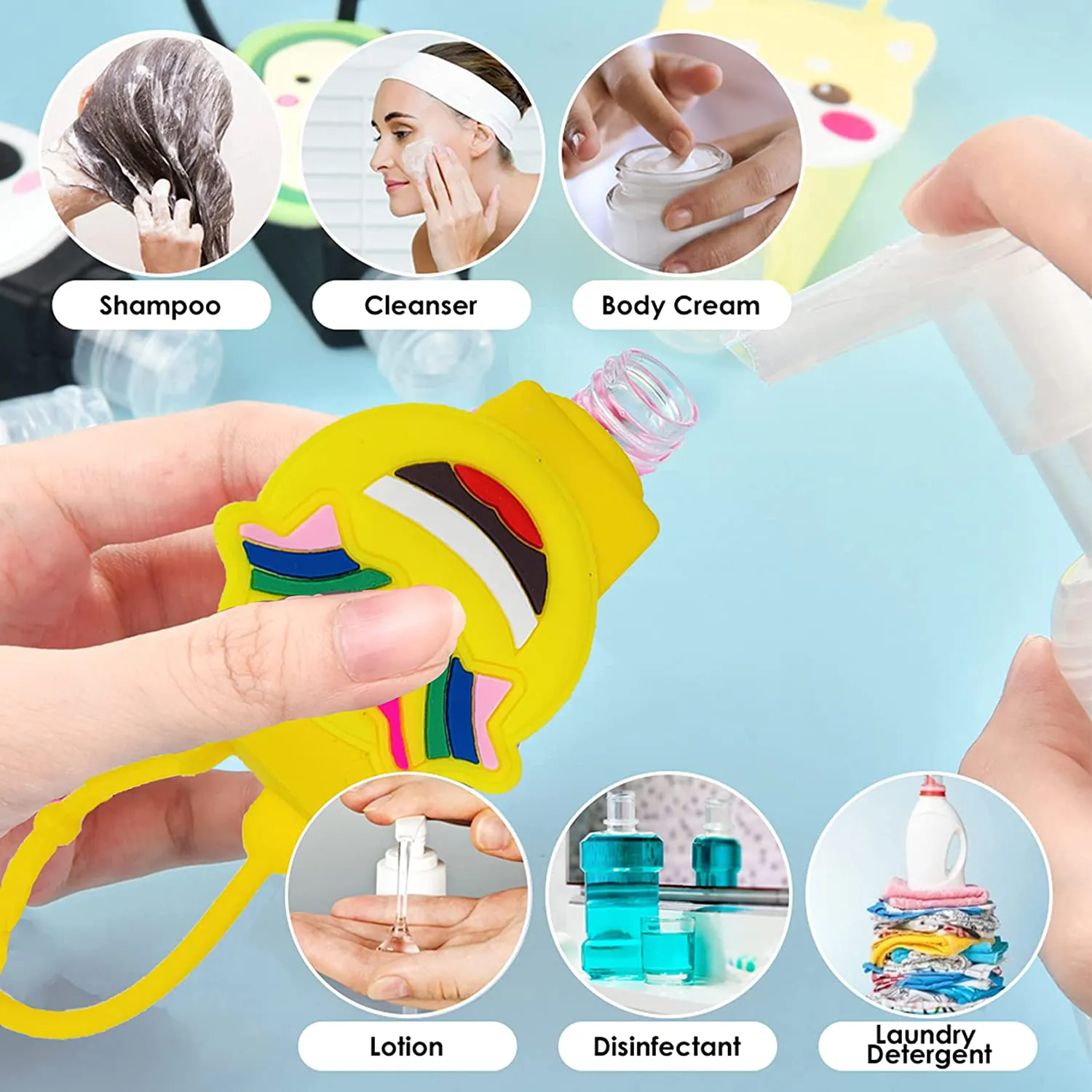 QIUFSSE 5PCS Hand Sanitizer Holder Keychain Portable Refillable Kids Hand Sanitizer Travel Size Empty Bottles 30Ml Silicone Protective Leak Proof Reusable Sanitizer Holder