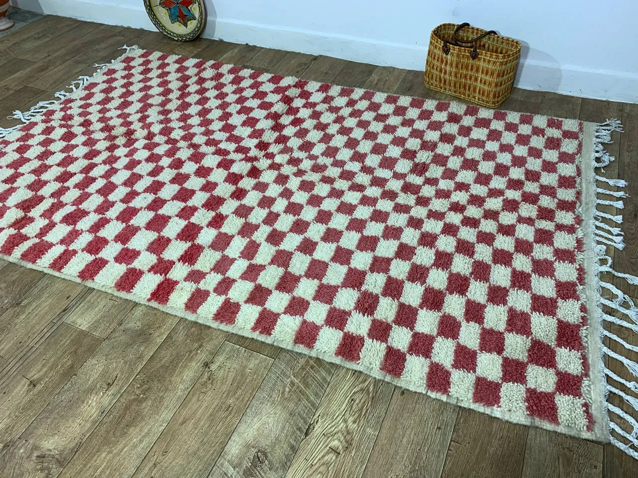 Red Handmade Rug, Red Checkered Rug - Berber style wool rug from Morocco - Modern rug