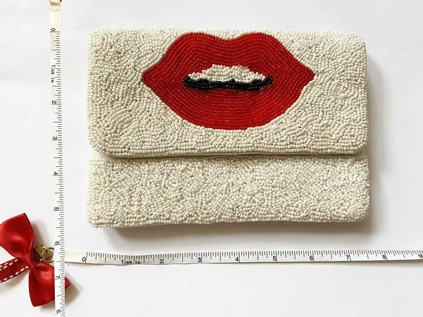 Red Lips Beaded Clutch Bag