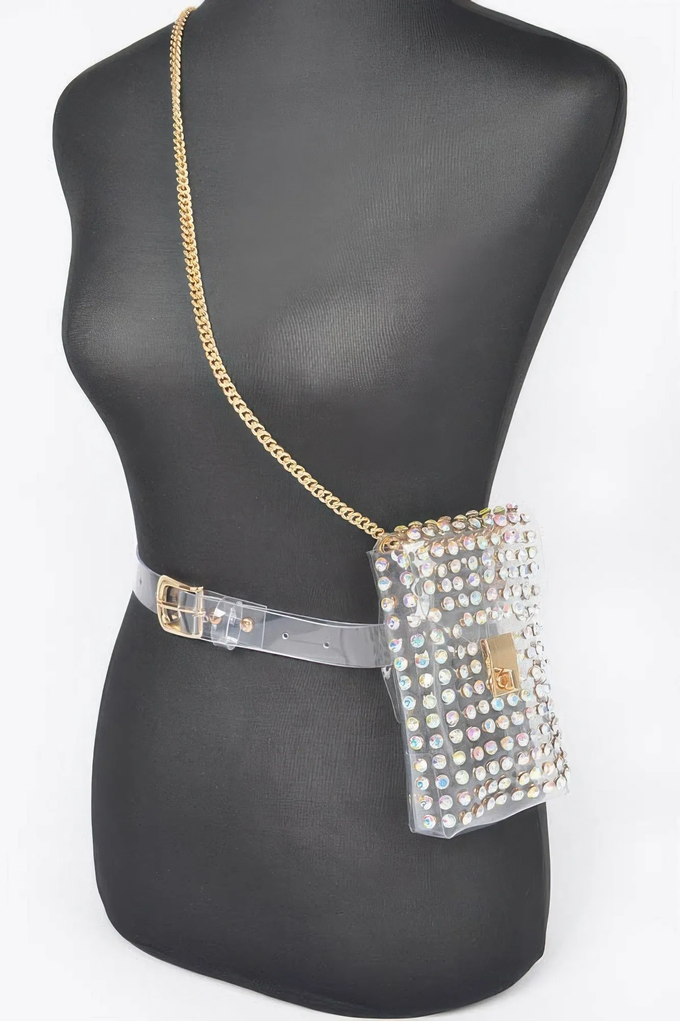 Rhinestone Clear Belt Bag W/chain