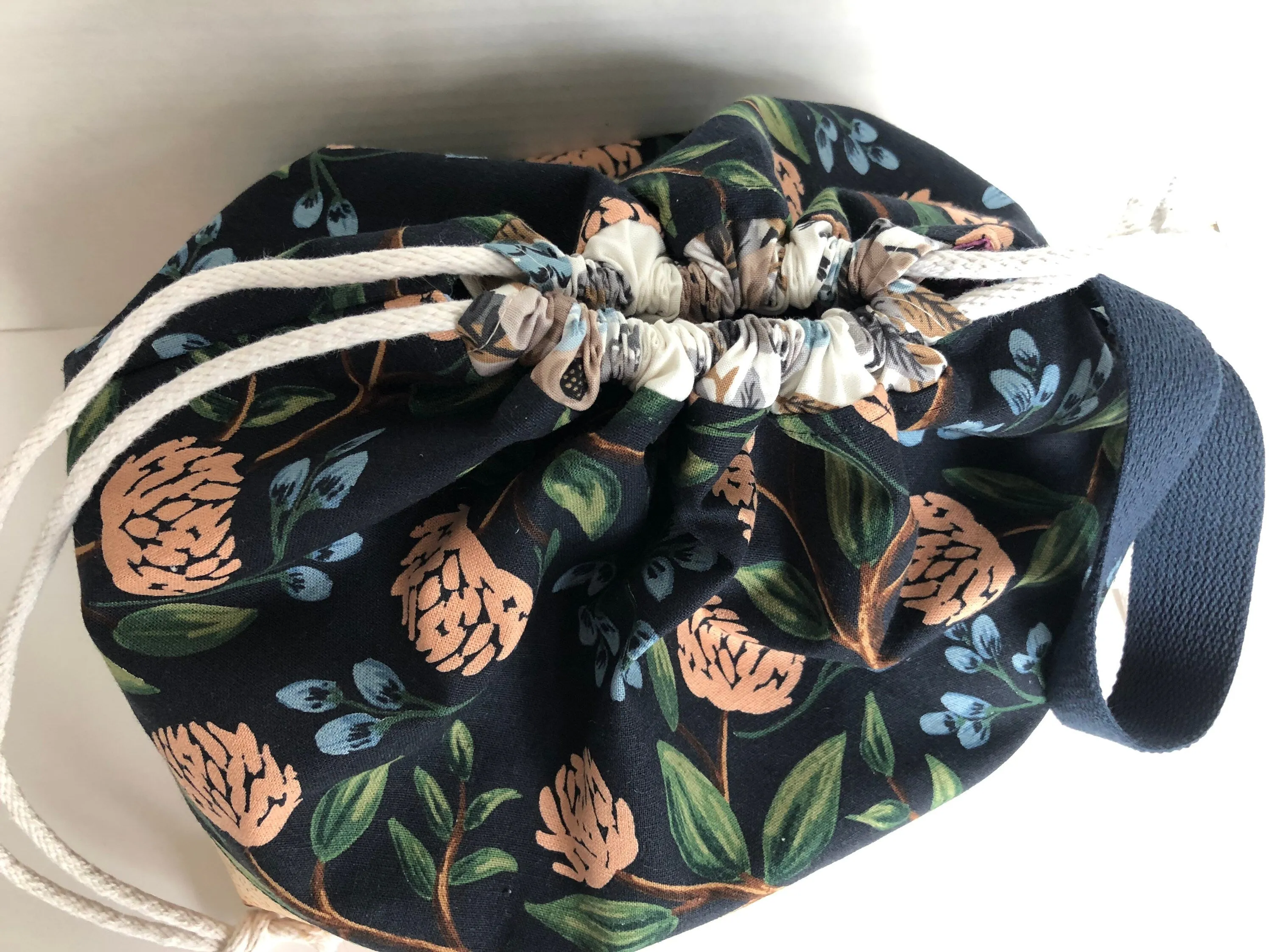 Rifle Paper Co Floral Project Bag, Finch Bucket Bag, Canvas and Cork drawstring bag