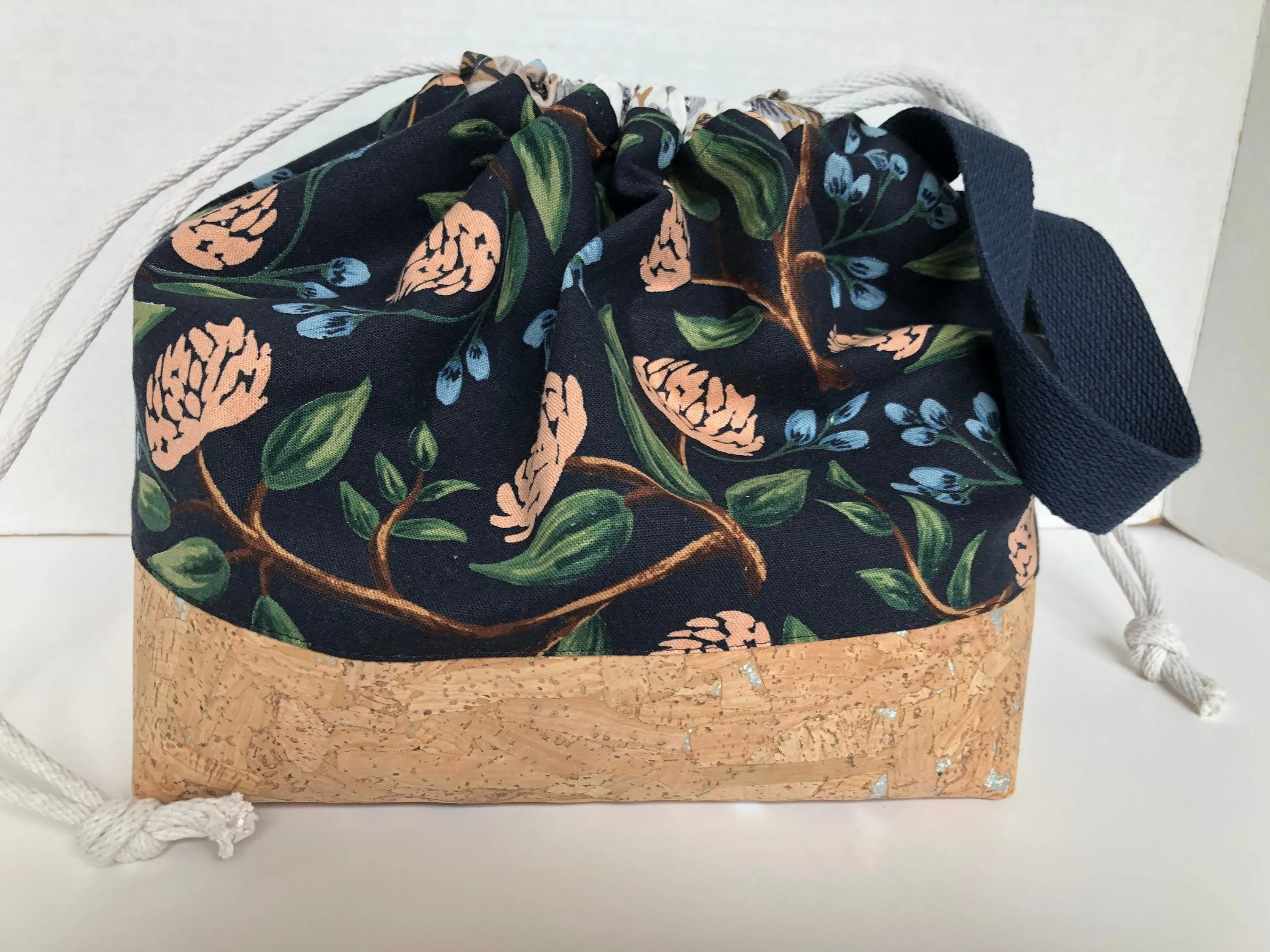 Rifle Paper Co Floral Project Bag, Finch Bucket Bag, Canvas and Cork drawstring bag