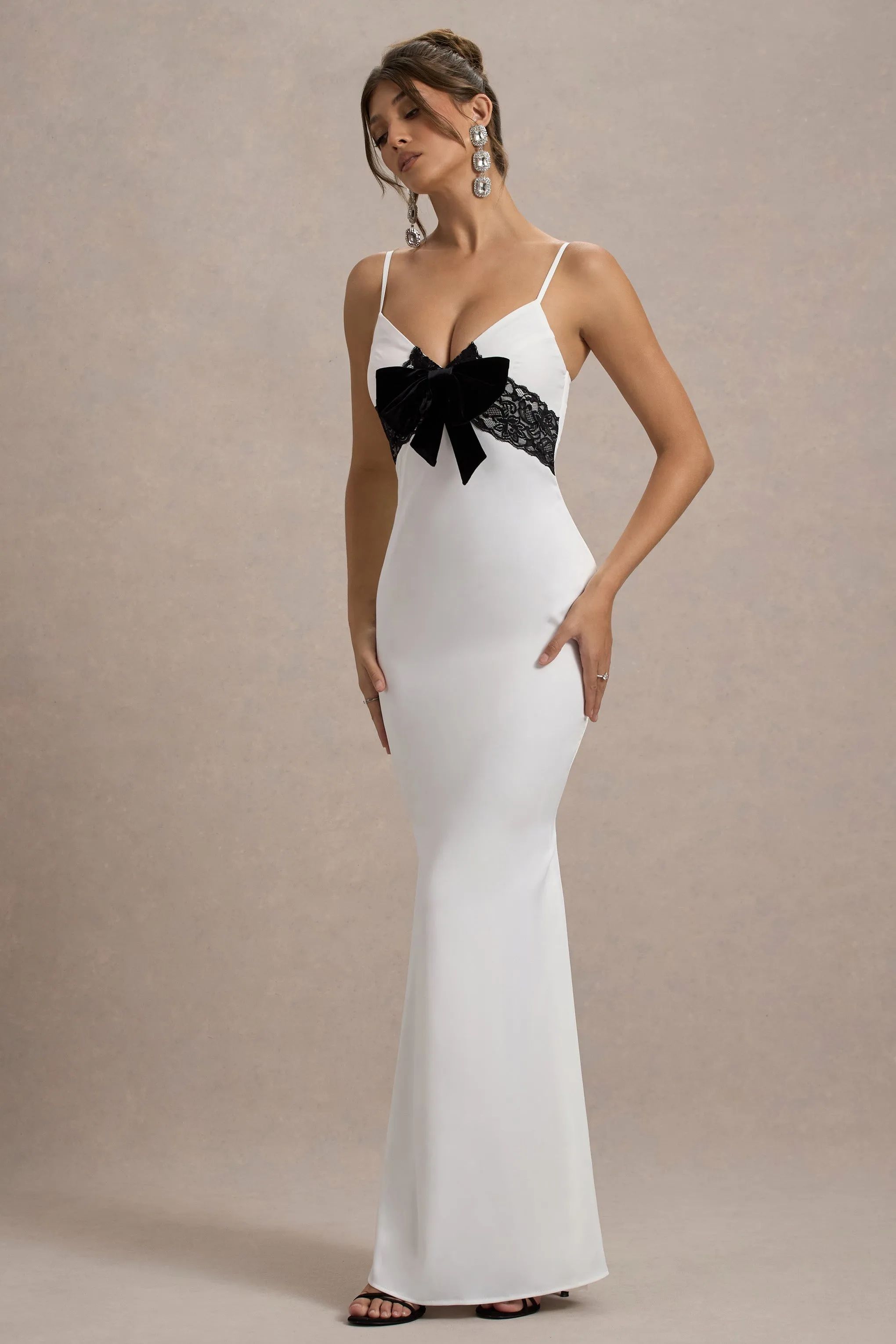 Rumi | White Satin Strappy Maxi Dress With Velvet Bow