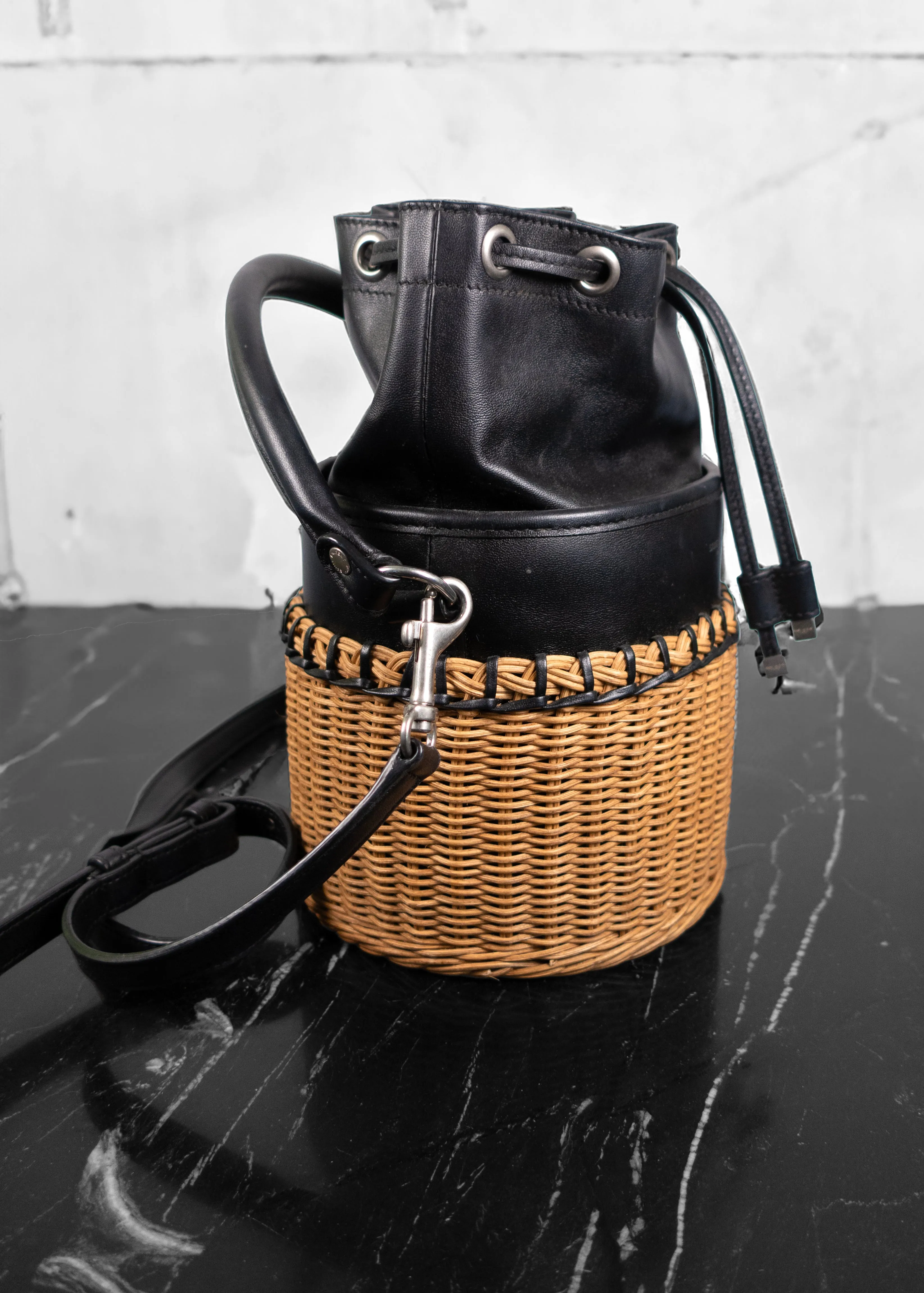 Saint Laurent Calfskin Wicker Small Bahia Bucket Bag