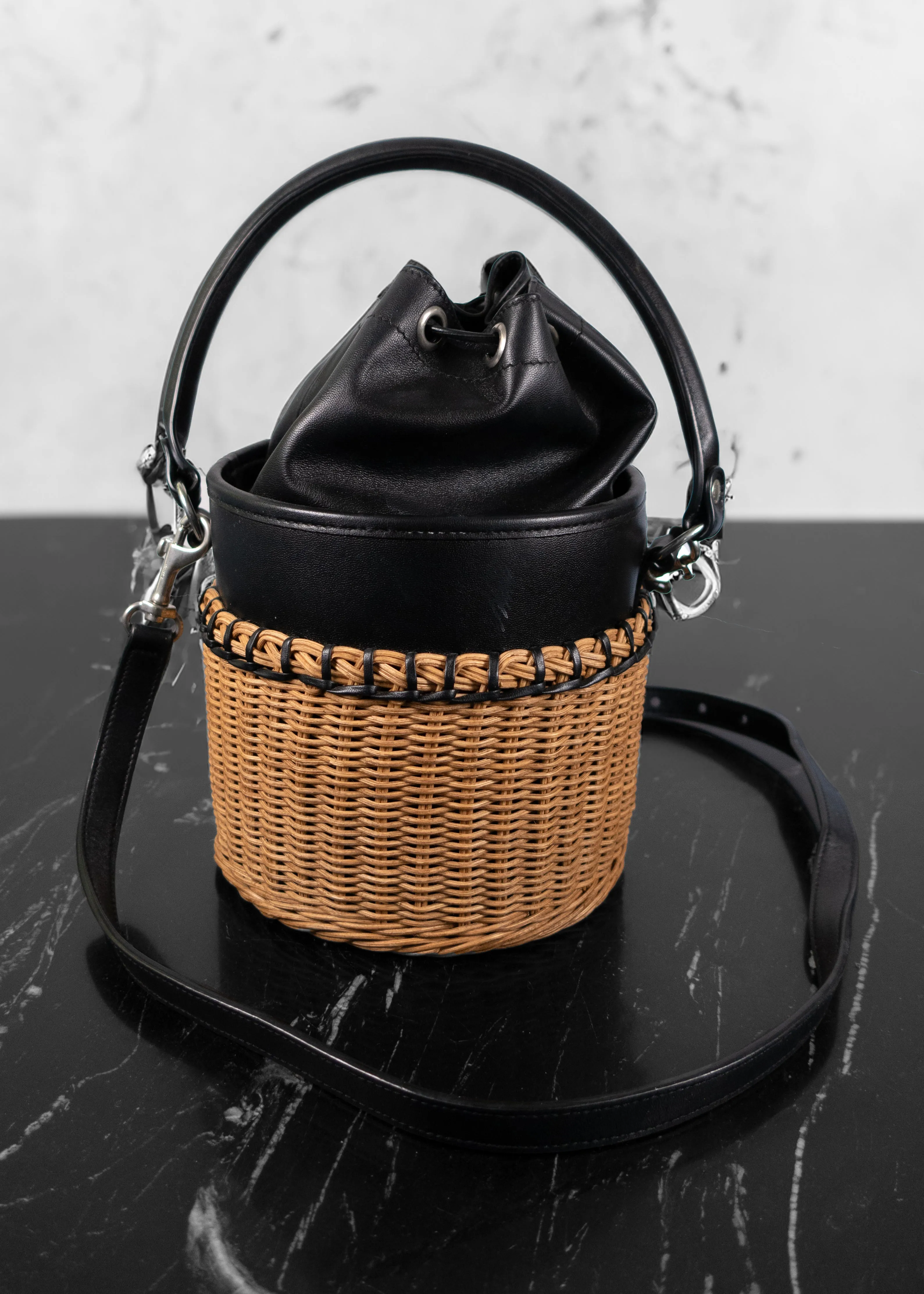 Saint Laurent Calfskin Wicker Small Bahia Bucket Bag