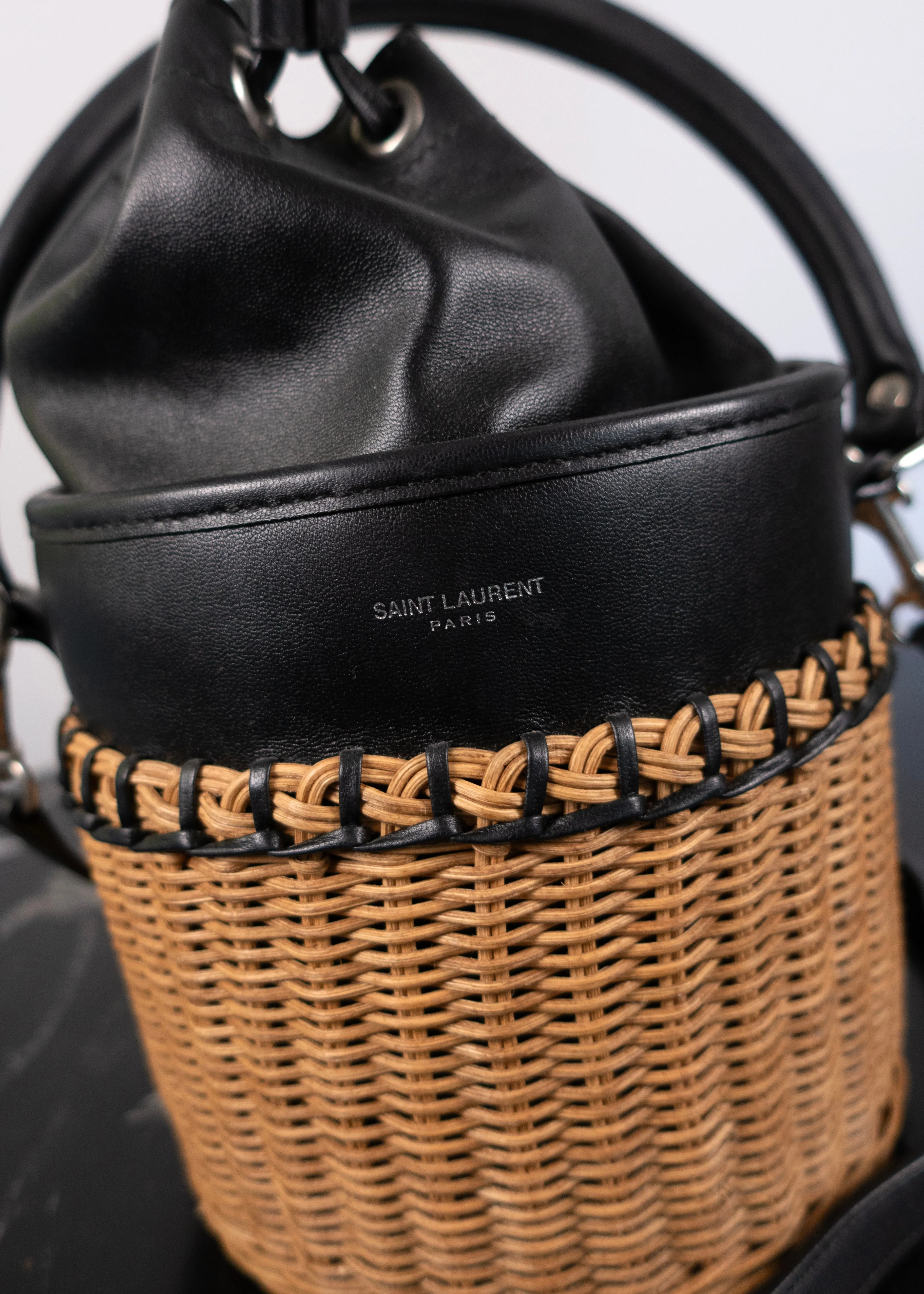 Saint Laurent Calfskin Wicker Small Bahia Bucket Bag