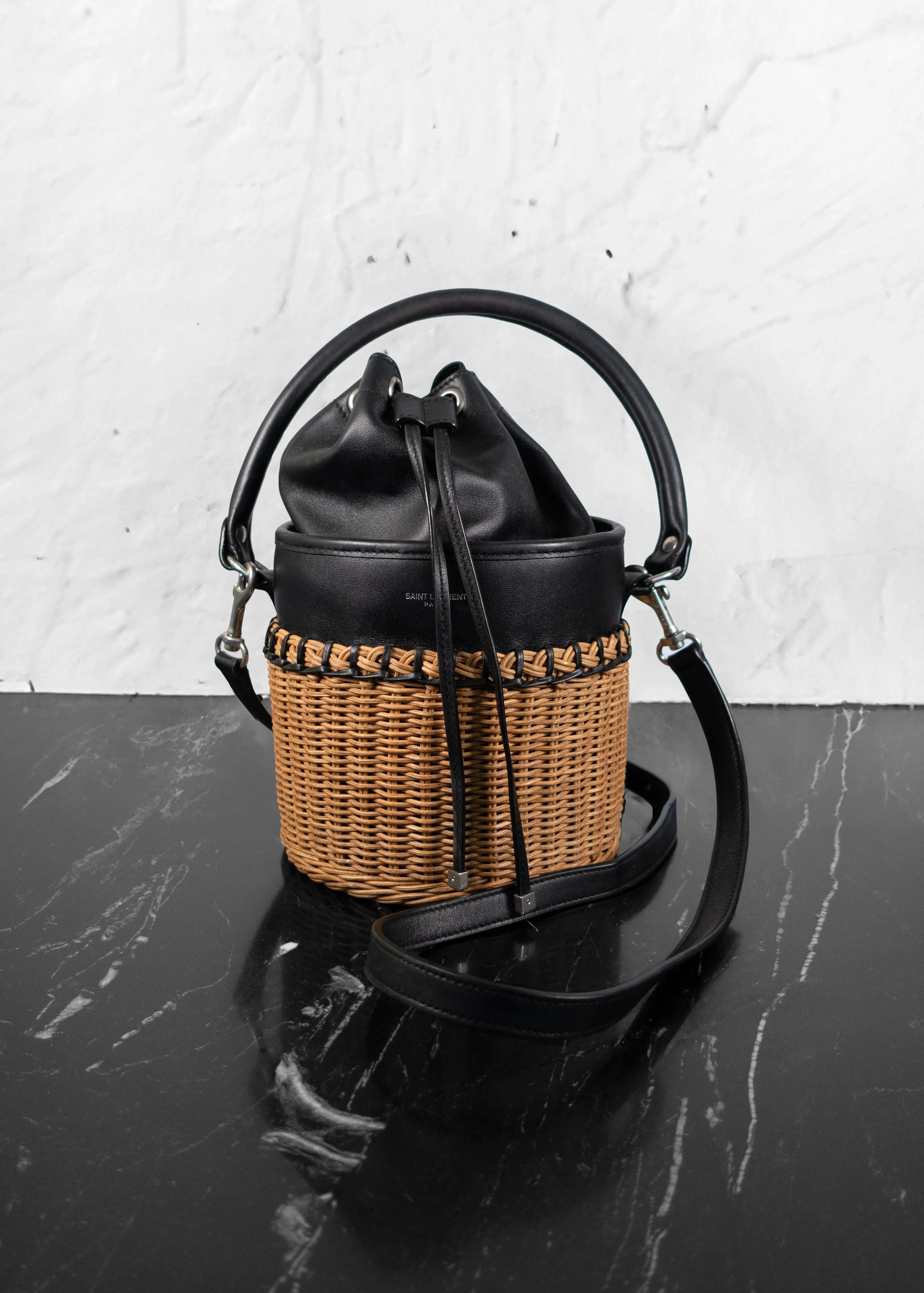 Saint Laurent Calfskin Wicker Small Bahia Bucket Bag