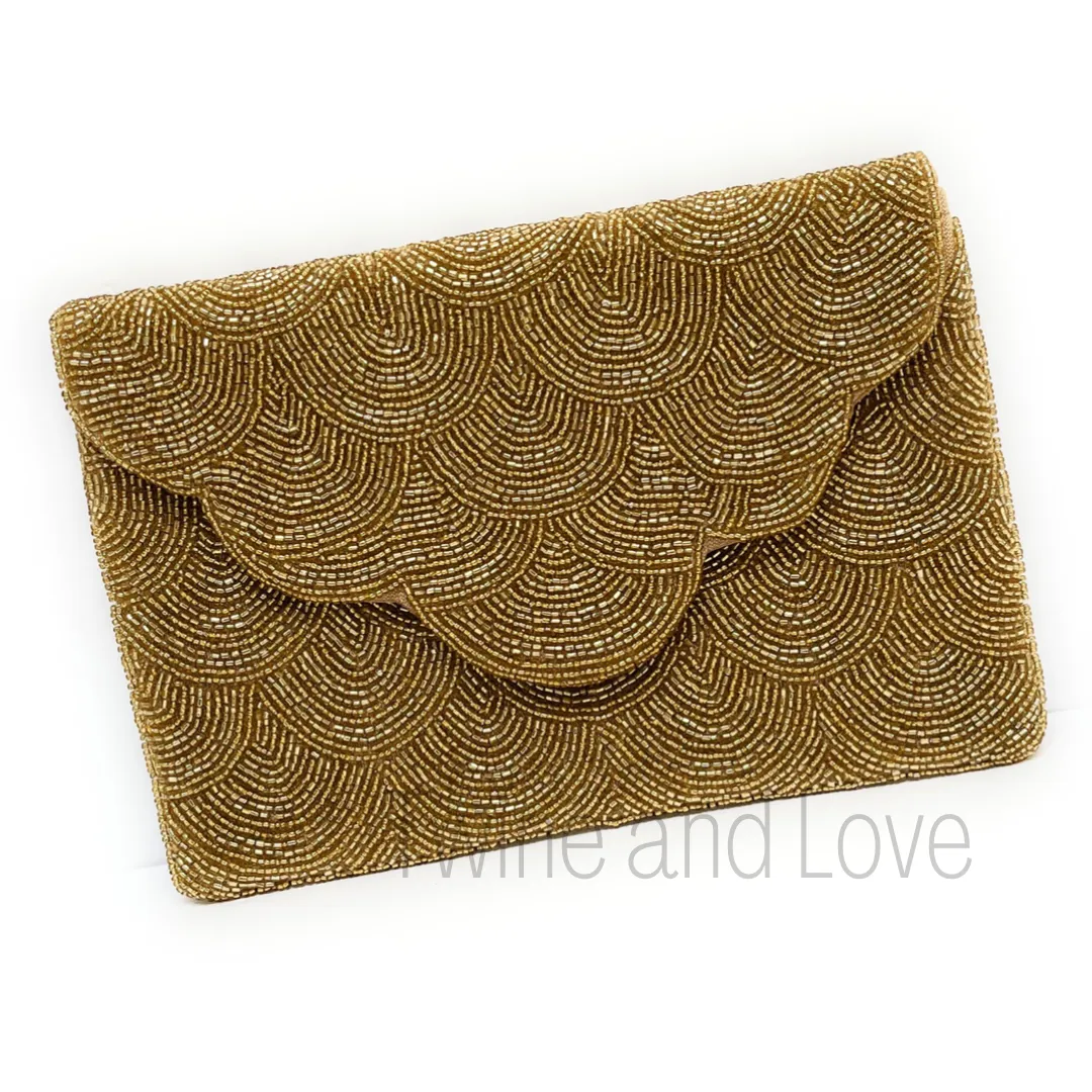 Scalloped Gold Beaded Clutch Purse