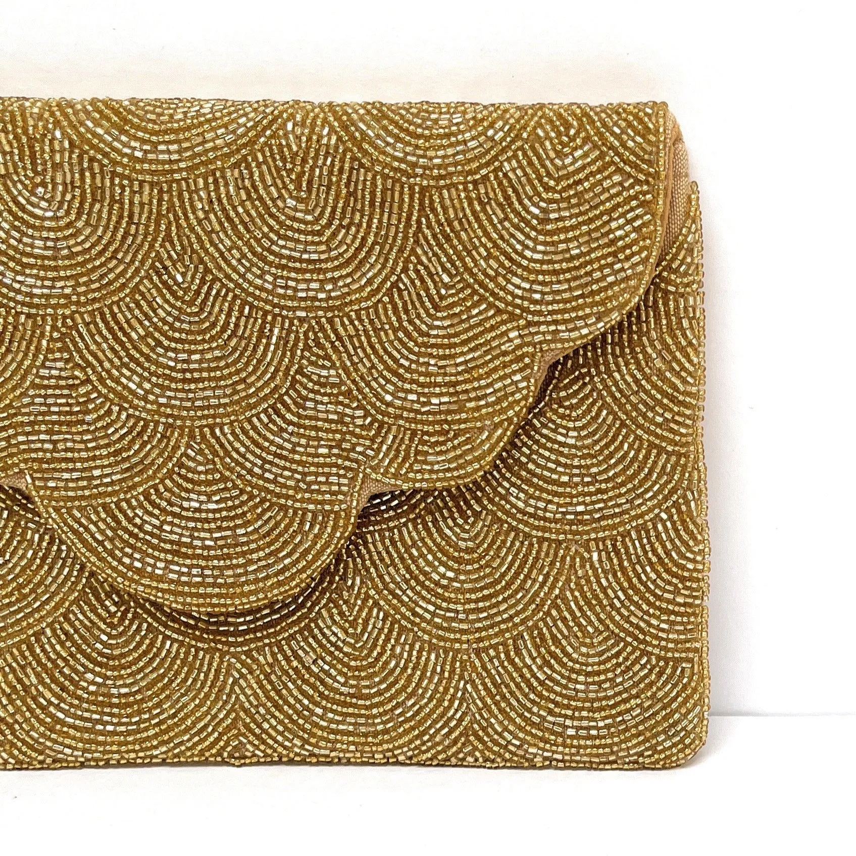 Scalloped Gold Beaded Clutch Purse