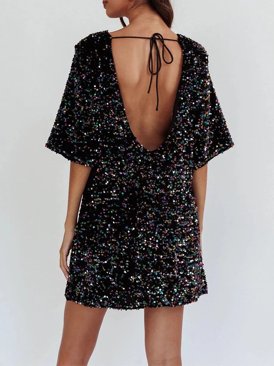 Sequined Sparkle Party Dress with Tie-Up Back