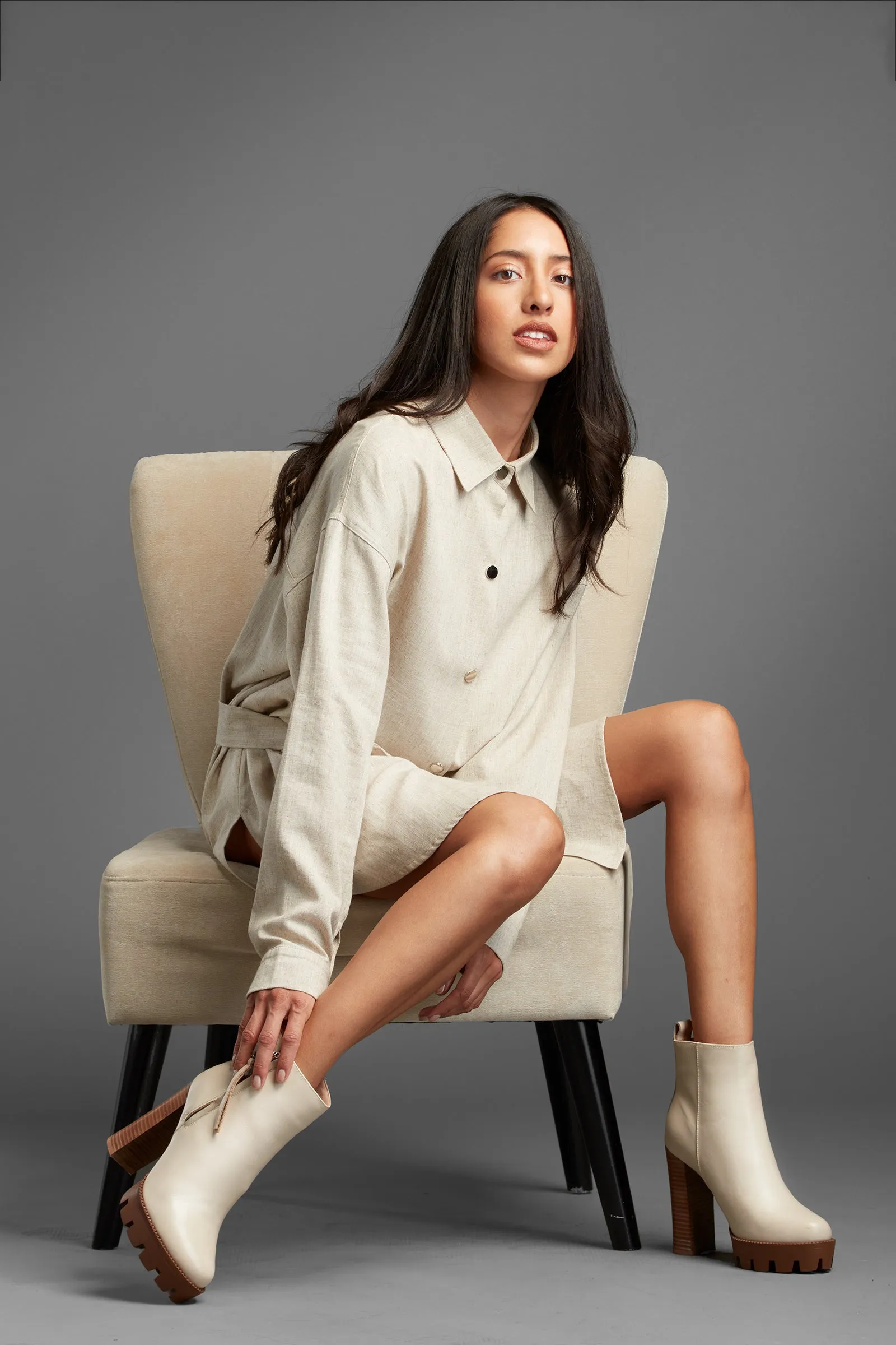 Sleek And Chic Linen Shirt Dress With Belt Pocket