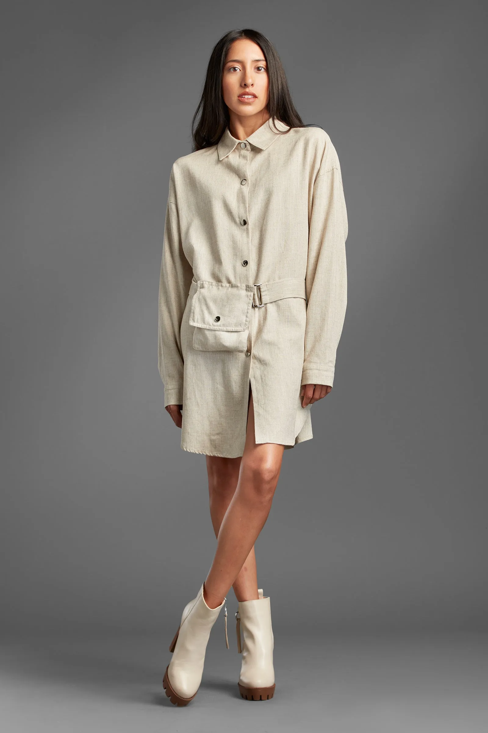 Sleek And Chic Linen Shirt Dress With Belt Pocket