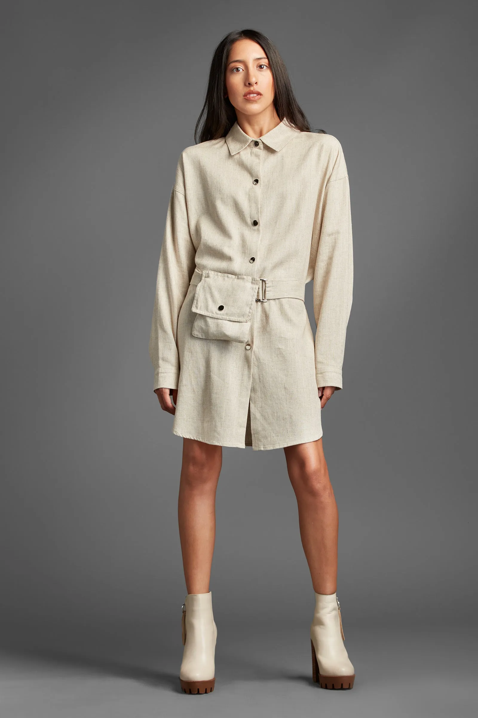 Sleek And Chic Linen Shirt Dress With Belt Pocket