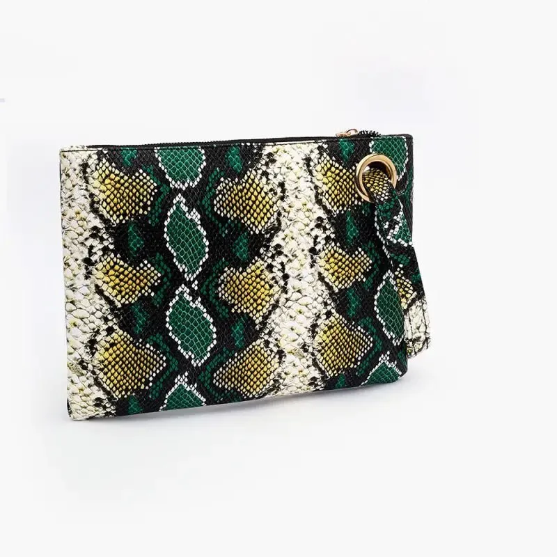 Snake Shaped PU Hand Bag with Horizontal Square Design & Zipped Opening