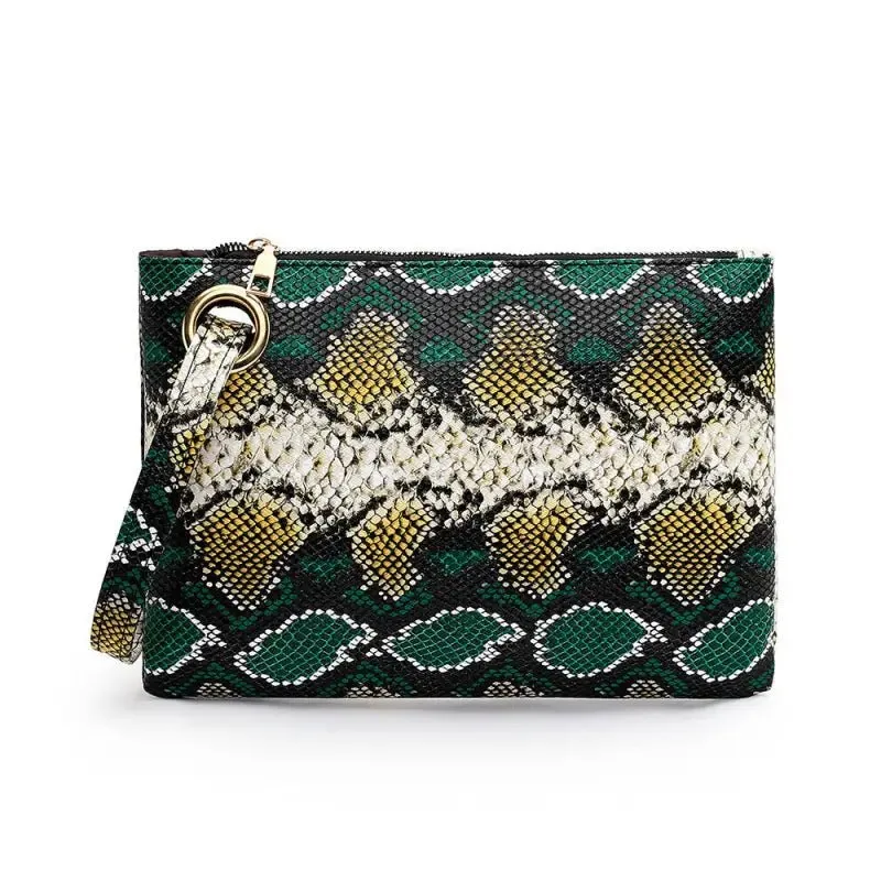 Snake Shaped PU Hand Bag with Horizontal Square Design & Zipped Opening