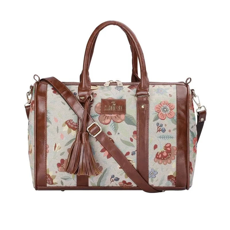 THE CLOWNFISH Lorna Tapestry Fabric & Faux Leather Handbag Sling Bag for Women Office Bag Ladies Shoulder Bag Tote For Women College Girls (Sky Blue-Floral)